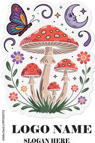 Retro psychedelic mushroom sticker logo icon vector .