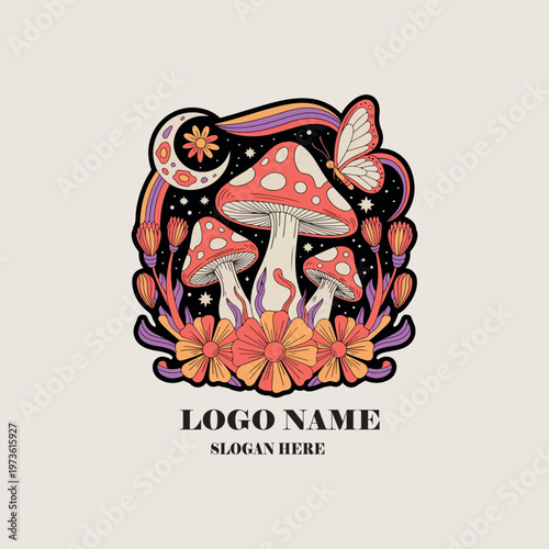 Retro psychedelic mushroom sticker logo icon vector .