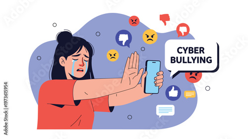 Crying young woman holding a smartphone and showing a stop gesture to protect herself from cyber bullying online.
