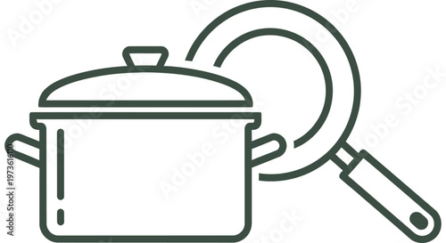 cooking pot and frying pan outline icons essential kitchenware for food preparation ideal for culinary projects and home cooking