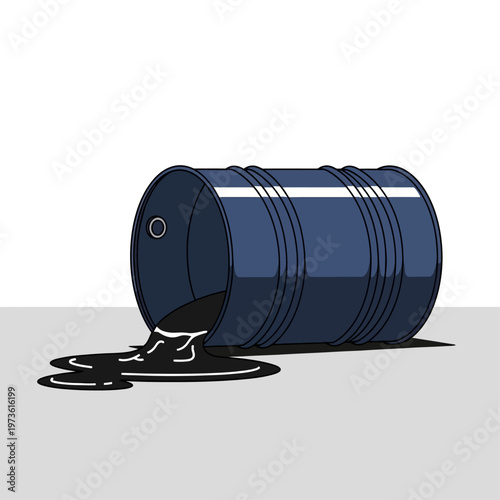 oil barrel spilling crude oil from a tipped drum illustrating environmental pollution and hazardous industrial waste.