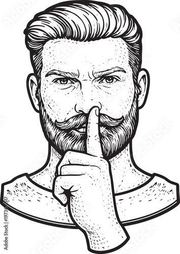 Silent Man Shh Gesture Vintage Engraving Illustration