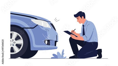 Insurance agent or mechanic inspecting a blue car after an accident and taking notes on a clipboard for a claim report.