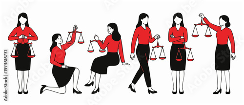 Woman Justice Scales Law Concept, diverse poses representing equality and legal fairness. Professional women holding balances for ethics, rights, and decision-making in a flat design illustration.