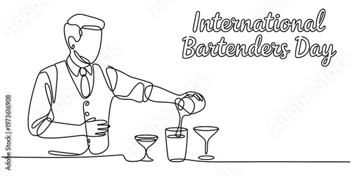 A single continuous line drawing of a professional bartender pouring a drink for international day Vector, illustration