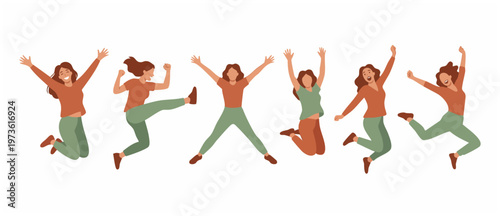 Happy Young Women Group Jumping Celebrating Joy and Success on a Pure White Background. Diverse energetic female friends leaping with enthusiasm, expressing freedom and achievement.