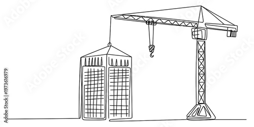 A single continuous line drawing of a tall tower crane lifting a large building structure segment Vector, illustration