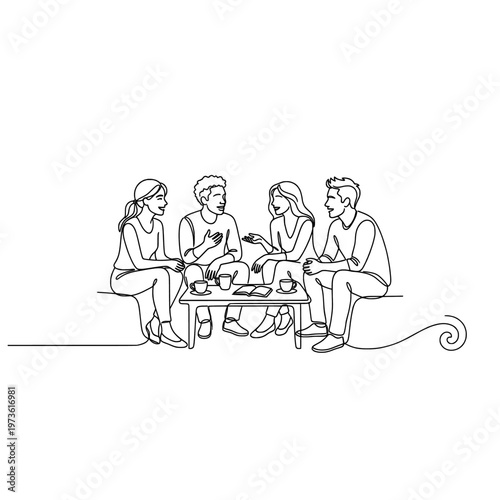 Friends sitting together and talking, continuous one line doodle drawing
