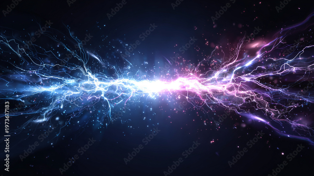 Obraz premium Electric energy collision with lightning flashes.