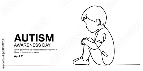 A single line drawing representing a child sitting alone to promote autism awareness day event Vector, illustration