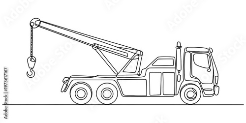 A simple black and white line drawing of a heavy duty tow truck for children to color at home. Vector, illustration