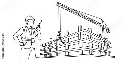 A construction worker in a safety helmet and vest holding a radio at a building site project. Vector, illustration