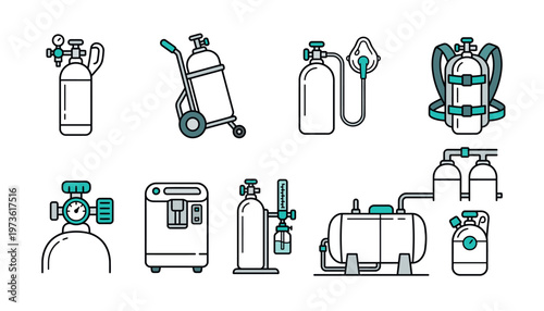 Collection of oxygen tank medical equipment.