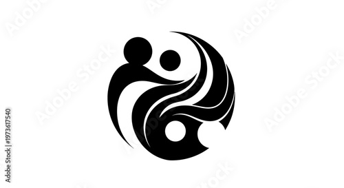 Abstract black and white yin yang symbol with human figures.