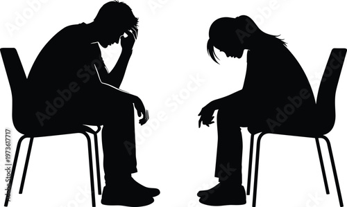 Collection of sad person silhouettes featuring man and woman sitting on chairs for mental health support depression and counseling concepts