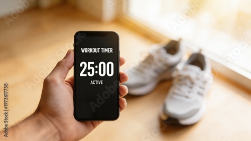 A person preparing for a workout with a smartphone timer and sneakers on a wooden floor, emphasizing fitness and healthy lifestyle