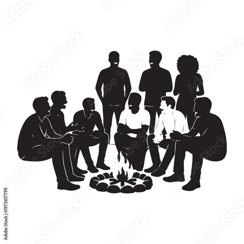 Friends gathering around campfire together under night sky vector silhouette