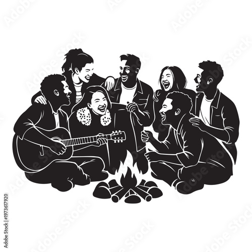 Friends gathering around campfire together under night sky vector silhouette