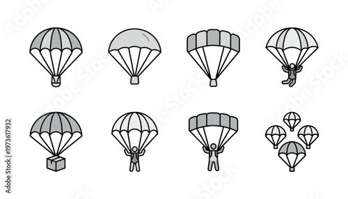 Parachutes in various flying positions.