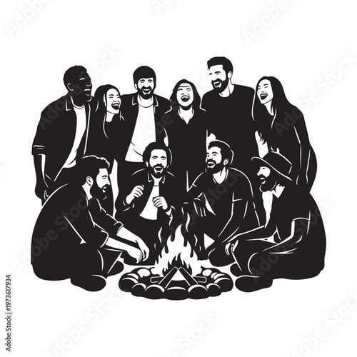 Friends gathering around campfire together under night sky vector silhouette