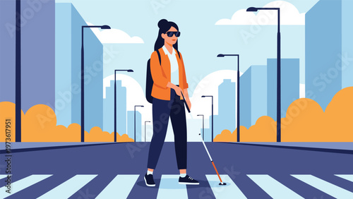 Blind young woman wearing sunglasses and holding white cane walks confidently across a city street crosswalk during her daily commute.