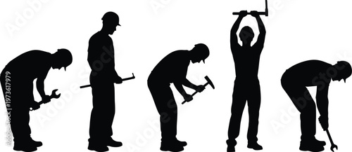 Collection of construction worker silhouettes featuring professional builders using tools and hammers for industrial manual labor and engineering graphic design