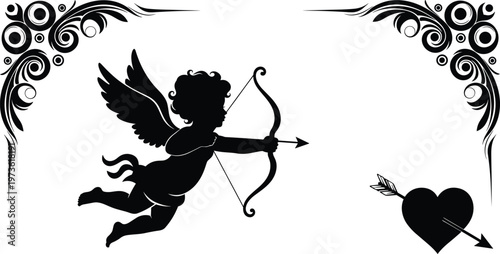 Cupid silhouette flying with bow and arrow aiming at heart, vintage floral corner ornaments, romantic Valentine's Day vector on white.