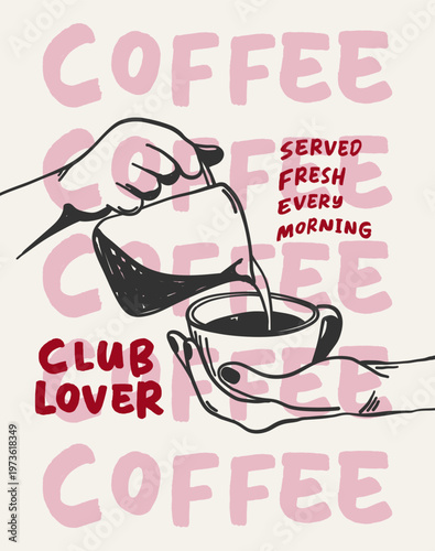 La Dolce Vita poster with a barista pouring milk from a jug, preparing coffee. Aesthetic quote coffee club lover. Whimsical chalk vector for wall art gallery, menus in cafe or restaurant etc.