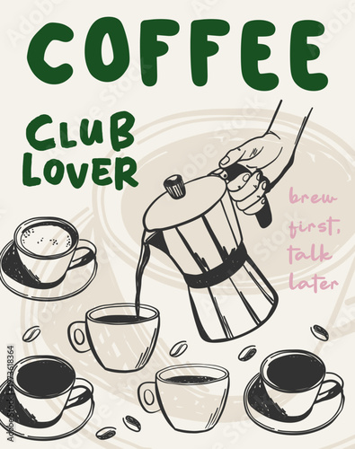 La Dolce Vita poster with a hand pouring aromatic coffee from a moka pot into a cup. Aesthetic quote coffee club lover. Whimsical chalk vector for wall art gallery, menus in cafe or restaurant etc.