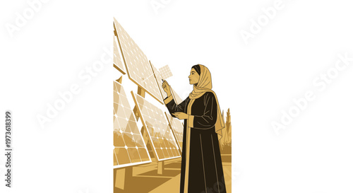 Woman in hijab inspecting solar panels, representing renewable energy and sustainable future in Middle East