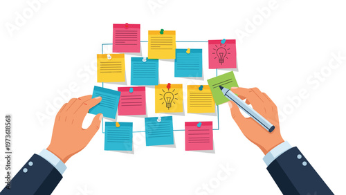 Professional hands organizing colorful sticky notes and ideas on a planning board for creative brainstorming and project management sessions.