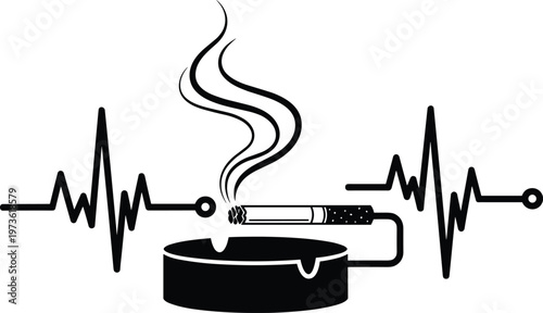 Smoking health risk concept with cigarette and ashtray connected to heartbeat pulse line, medical warning illustration isolated on white background.