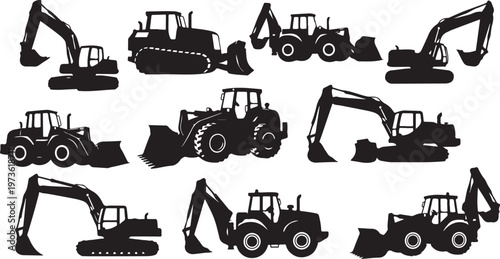 Collection of heavy construction equipment silhouettes in black color
