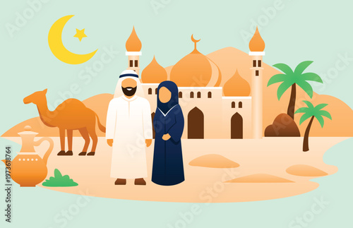 Arabian Culture Flat Illustration Desert Scene with Mosque and Camel