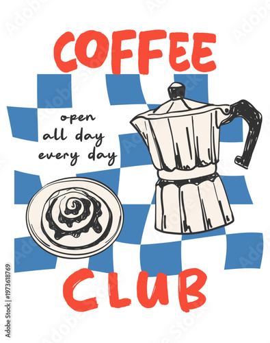 La Dolce Vita poster with a moka pot and dessert on checkered background. Aesthetic quote coffee club. Whimsical chalk vector illustration for wall art gallery, menus in cafe or restaurant etc.
