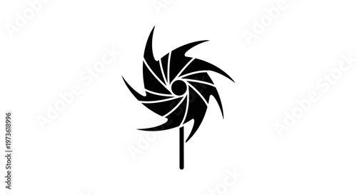 Black pinwheel with sharp swirling blades on a stick.