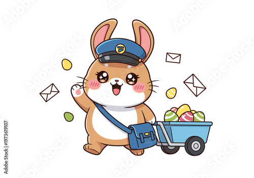 Cute cartoon rabbit mail carrier delivering easter eggs and letters