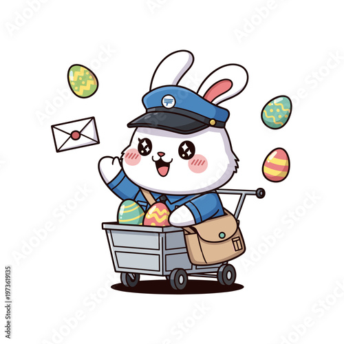 Cute easter bunny mailman delivering colorful eggs