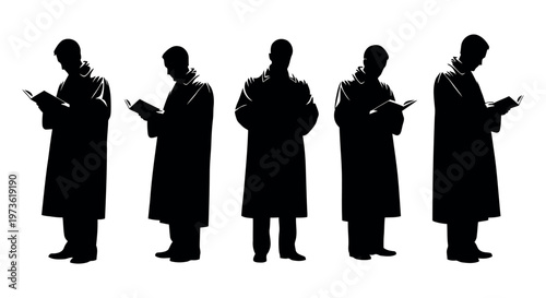 Silhouettes of men in long coats reading books