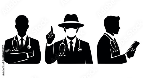 Silhouettes of doctors in suits with stethoscopes