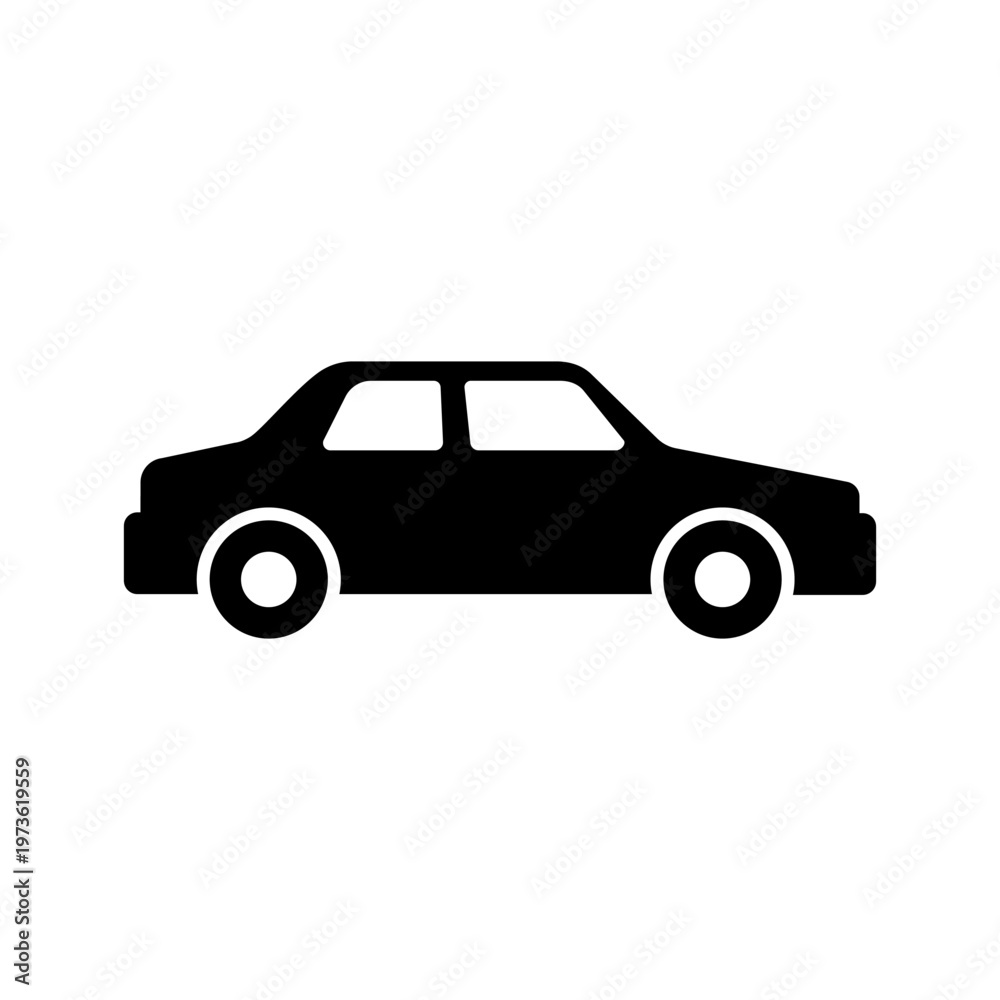 Fototapeta premium Black sedan car vector icon presenting classic three box vehicle side profile.