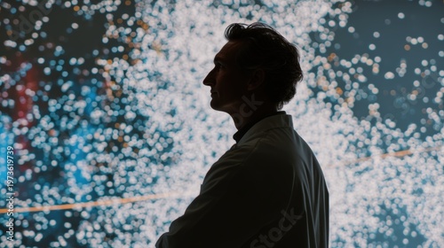 Silhouette of a man in profile against a backdrop of bright, scattered lights, a dramatic and contemplative atmosphere, abstract daily science work overlay