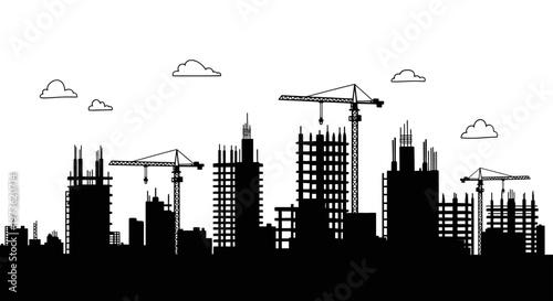 city construction and building development silhouette on an urban skyline featuring cranes and unfinished structures.