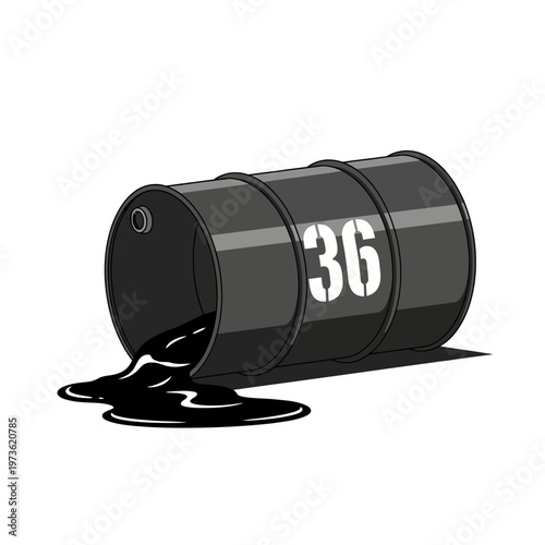 overturned black oil barrel spilling crude oil onto a white background symbolizing environmental pollution industrial waste and energy.