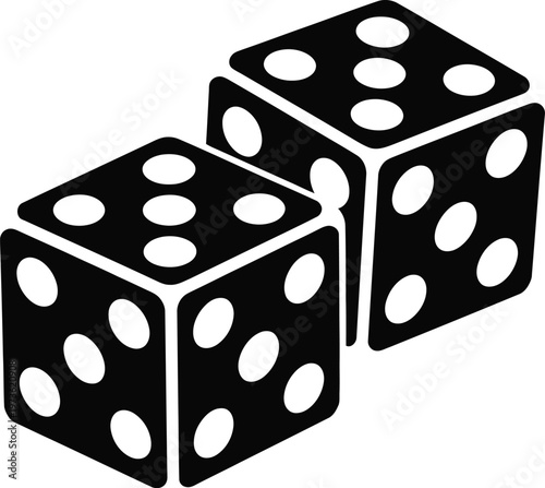 Two black dice icons showing random numbers for gambling game design isolated on transparent background