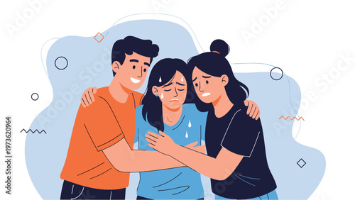 Caring young man and woman provide emotional support and comfort to a crying female friend during a difficult moment of sadness and grief.