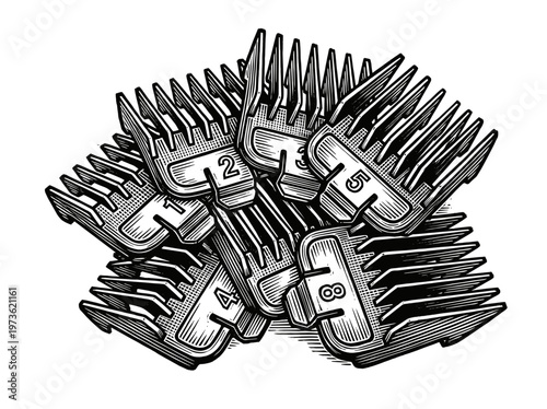 Vintage Hair Clipper Guards Attachment Set Engraving Illustration Black and White Line Art