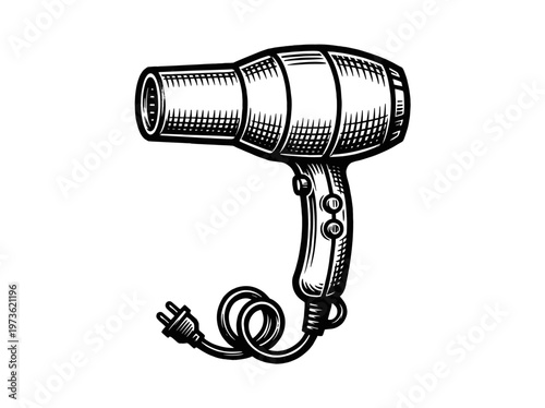 Vintage Handheld Hair Dryer Beauty Salon Appliance Engraving Illustration Black and White Line Art