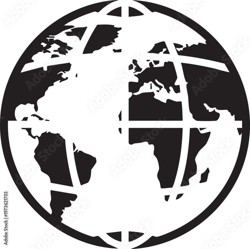 Black and white globe icon, world map silhouette, vector earth symbol, global illustration