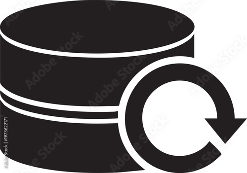 Black database cylinder icon with refresh arrow, data storage symbol, circular backup logo, modern flat design element